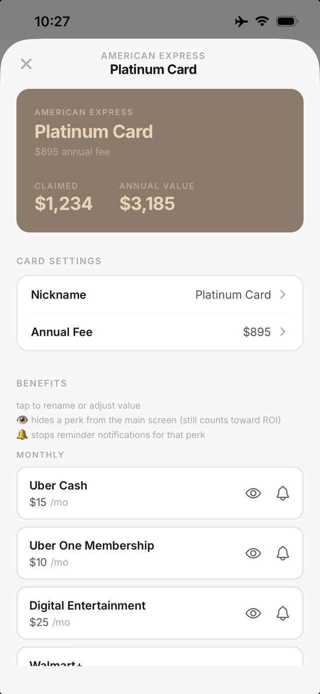 Claimd card detail screen for an Amex Platinum card