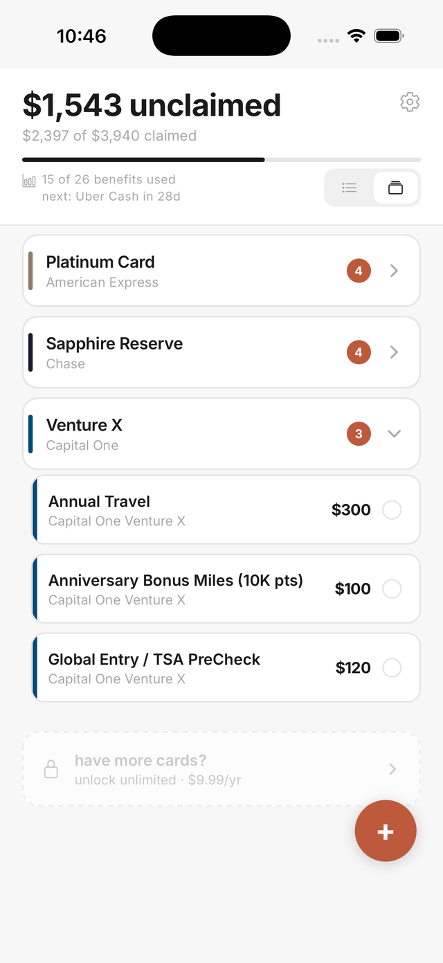 Claimd dashboard listing every card and its benefits