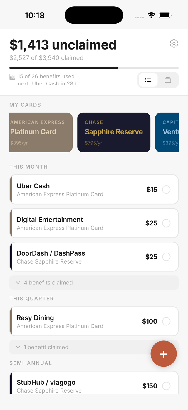 Claimd dashboard showing $1,413 in unclaimed card benefits