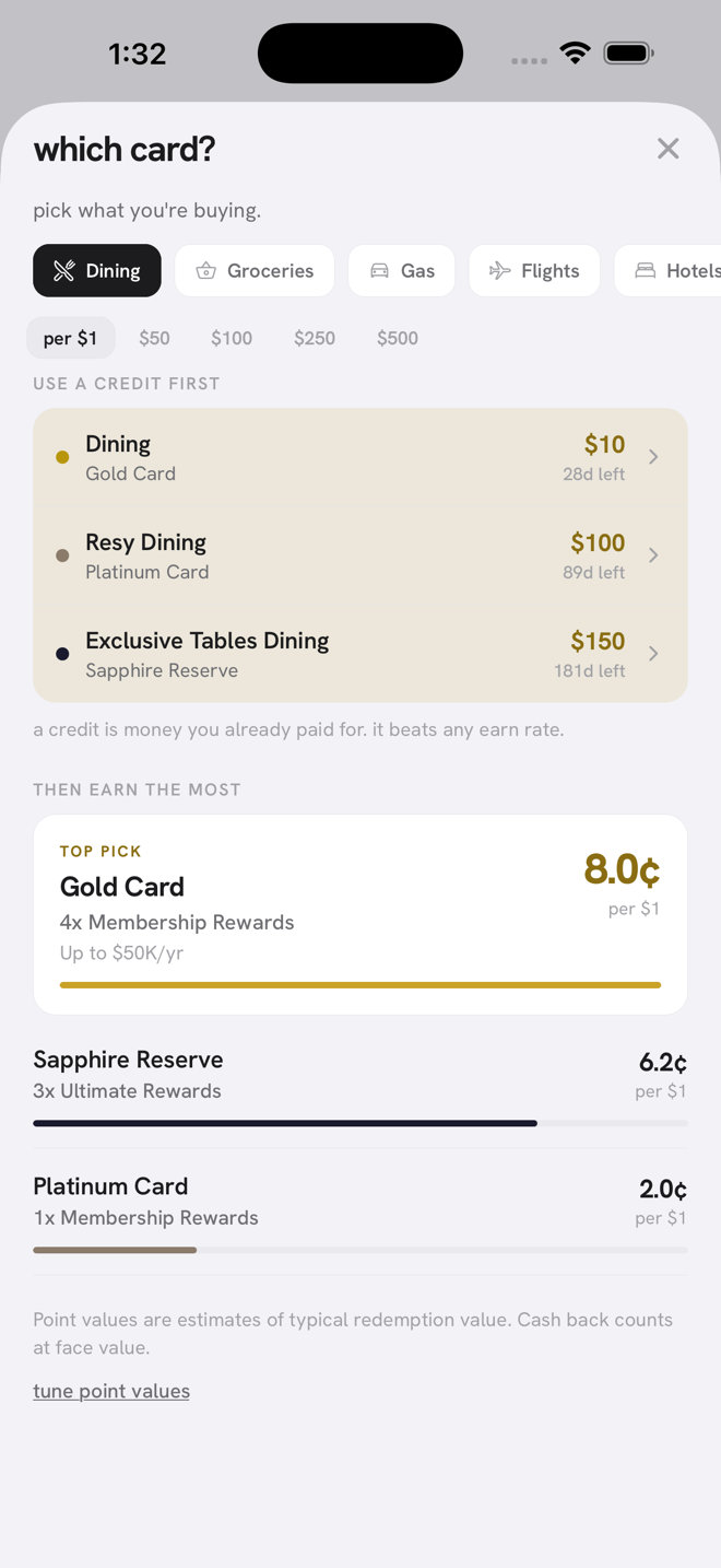 Claimd which-card screen: for a dining purchase it lists which credit to use first, then ranks cards by points earned