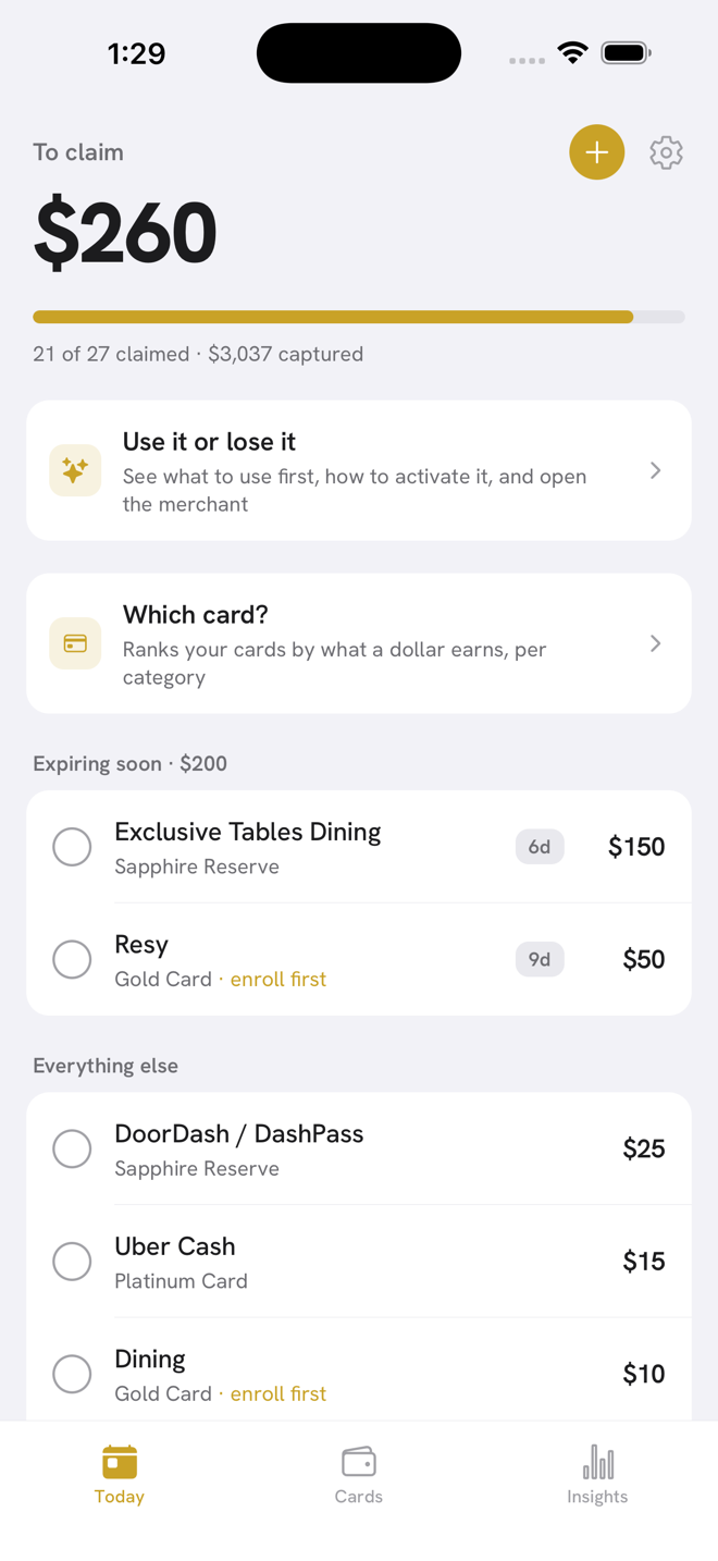 Claimd home screen showing $260 left to claim and $3,037 captured this year