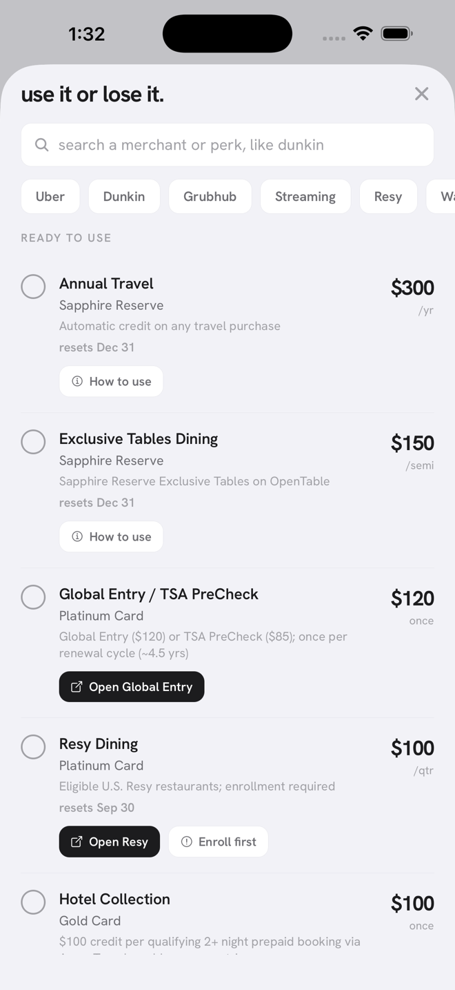 Claimd use it or lose it screen sorting perks by what resets soonest, with buttons to open Resy and Global Entry